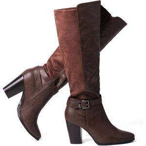 Women's Heel Knee High Coffee Brown Boot Zip Up Chunky Heel Tall Fashions Boots